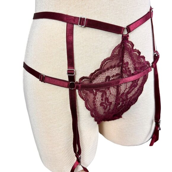Oh La La Cherri Sexy Burgundy Lace Bralette,Panty & Garter Belt 3 Piece Lingerie - Picture 5 of 13